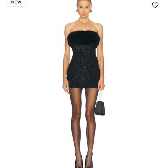 Retrofete Black Sequin Mini Dress with Pink Feather Trim Retrofete Black Sequin Mini Dress with Pink Feather Trim